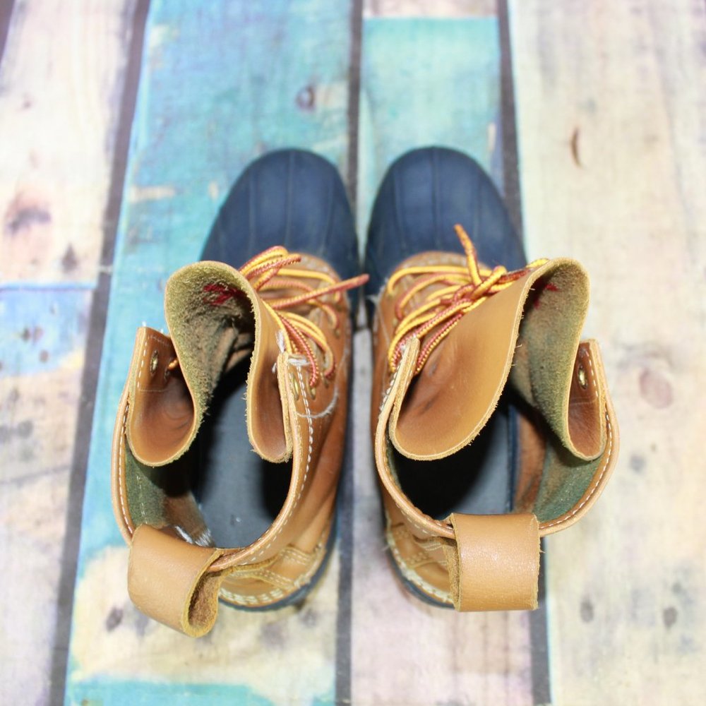 LL Bean Unlined Brown Leather Blue Rubber Duck Bean Boots Size 7 M - Picture 6 of 9